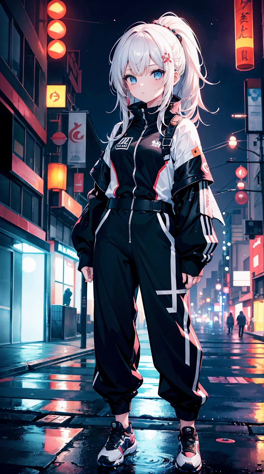 obra prima,  4K Ultra HD, Super afiado, 1girl no estilo Gura Gawr de Hololive, but with the following characteristics: Athletic girl, Wearing a stylized black and white jumpsuit, in a Japanese city at night with several neon lights and reflections in the puddles of water on the streets, Inspirado no estilo de arte GUWEIZ