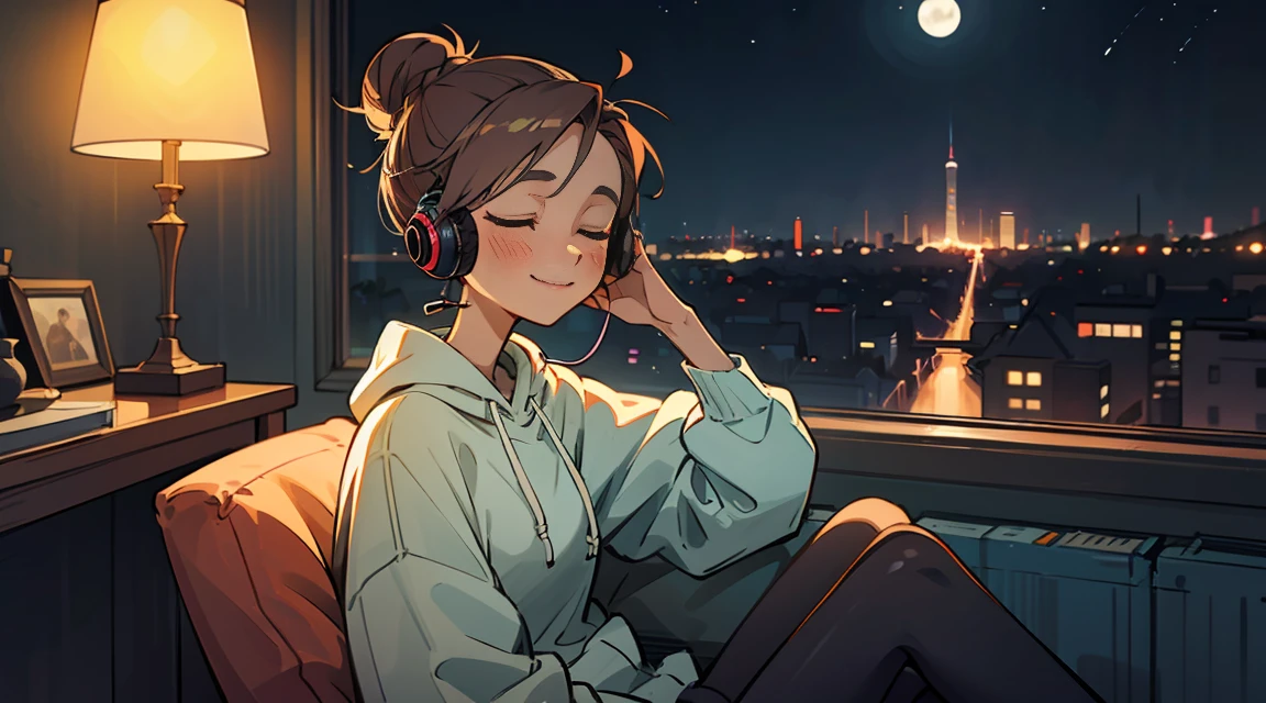 A beautiful girl is sitting in a peaceful room, wearing headphones and looking out the window at night. The room is bathed in soft moonlight, and the only sound is the gentle hum of the city outside. The girl is wearing a comfortable oversized hoodie and leggings, and her hair is pulled back in a messy bun. She is smiling and relaxed, and the music she is listening to seems to be bringing her peace.