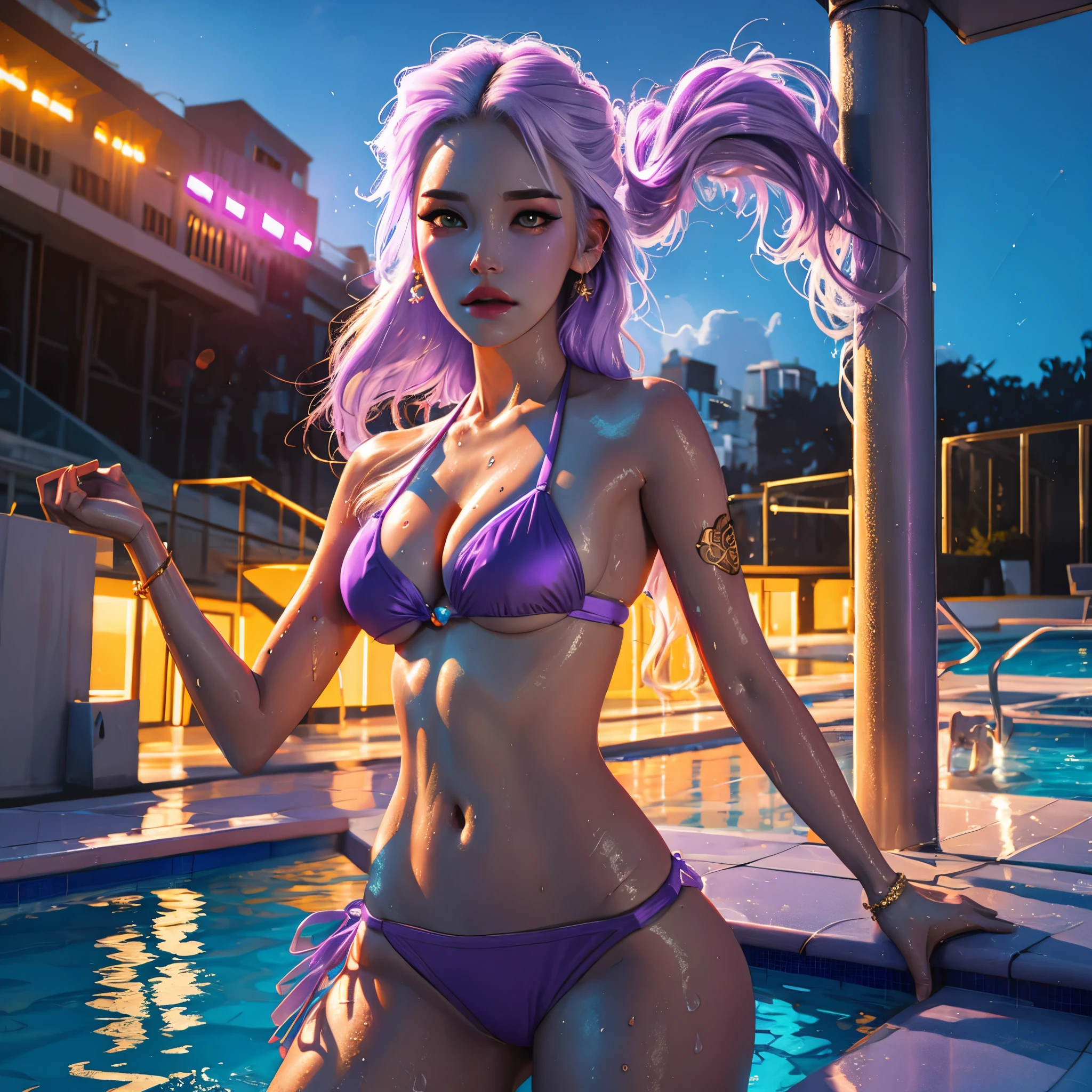 princess storm, purple bikini, pool side, golden hour, hot sweat, neon