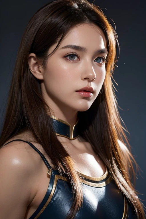 1 beautiful and strong female gladiator,Wheat-colored skin,dark strong blue eye,Brown hair,European and American faces,fullbody image,Cold and glamorous,A haughty expression