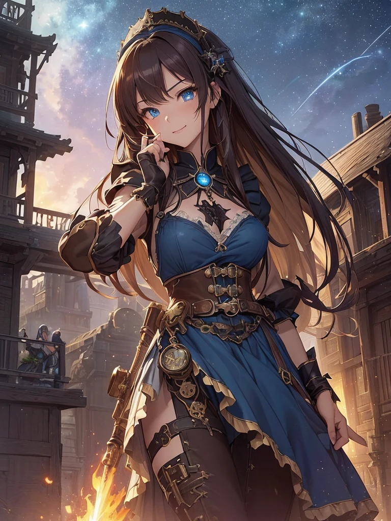 top-quality、Top image quality、​masterpiece、Beautiful Gothic girl((20yr old、Best Bust、big bast、Bust 90,Beautiful blue eyes、,Brown hair long hair、A slender、a closeup、Hold a steampunk cannon、glowing sword in hand、Cool pose、fight、Esbian、Gothic Maid costume、beautiful apron、hiquality、Beautiful Art、Background with((starrysky)))masutepiece、visualart、depth of fields、low angle of morning sky、、、🎵、Happy smile、Gentle light、、Beautiful skins、beutiful breast、beautiful foot、、accurate fingers、Exact finger count、nffsw、steampunc、Lots of gears、Majestic nature、Artistically、gothic magic、action scene、huge robot、Great angle、Battle Scenes、steampunk fantasy、必殺技❗️強力な一撃！！Kime Pose！