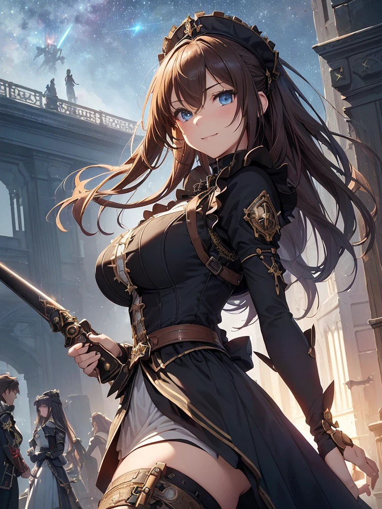 top-quality、Top image quality、​masterpiece、Beautiful Gothic girl((20yr old、Best Bust、big bast、Bust 90,Beautiful blue eyes、,Brown hair long hair、A slender、a closeup、Hold a steampunk cannon、glowing sword in hand、Cool pose、fight、Esbian、Gothic Maid costume、beautiful apron、hiquality、Beautiful Art、Background with((starrysky)))masutepiece、visualart、depth of fields、low angle of morning sky、、、🎵、Happy smile、Gentle light、、Beautiful skins、beutiful breast、beautiful foot、、accurate fingers、Exact finger count、nffsw、steampunc、Lots of gears、Majestic nature、Artistically、gothic magic、action scene、huge robot、Great angle、Battle Scenes、steampunk fantasy、Kime Pose！