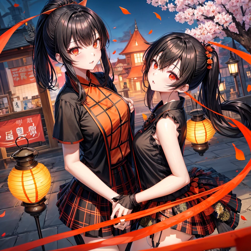 orange black hair、red eyes、one good looking girl、独奏、animesque、lightly dressed、Plaid miniskirt、flower petals、wetting hair、Black T-shirt、komono、large tree、云、railroad crossing、poneyTail、monster castle、lantern