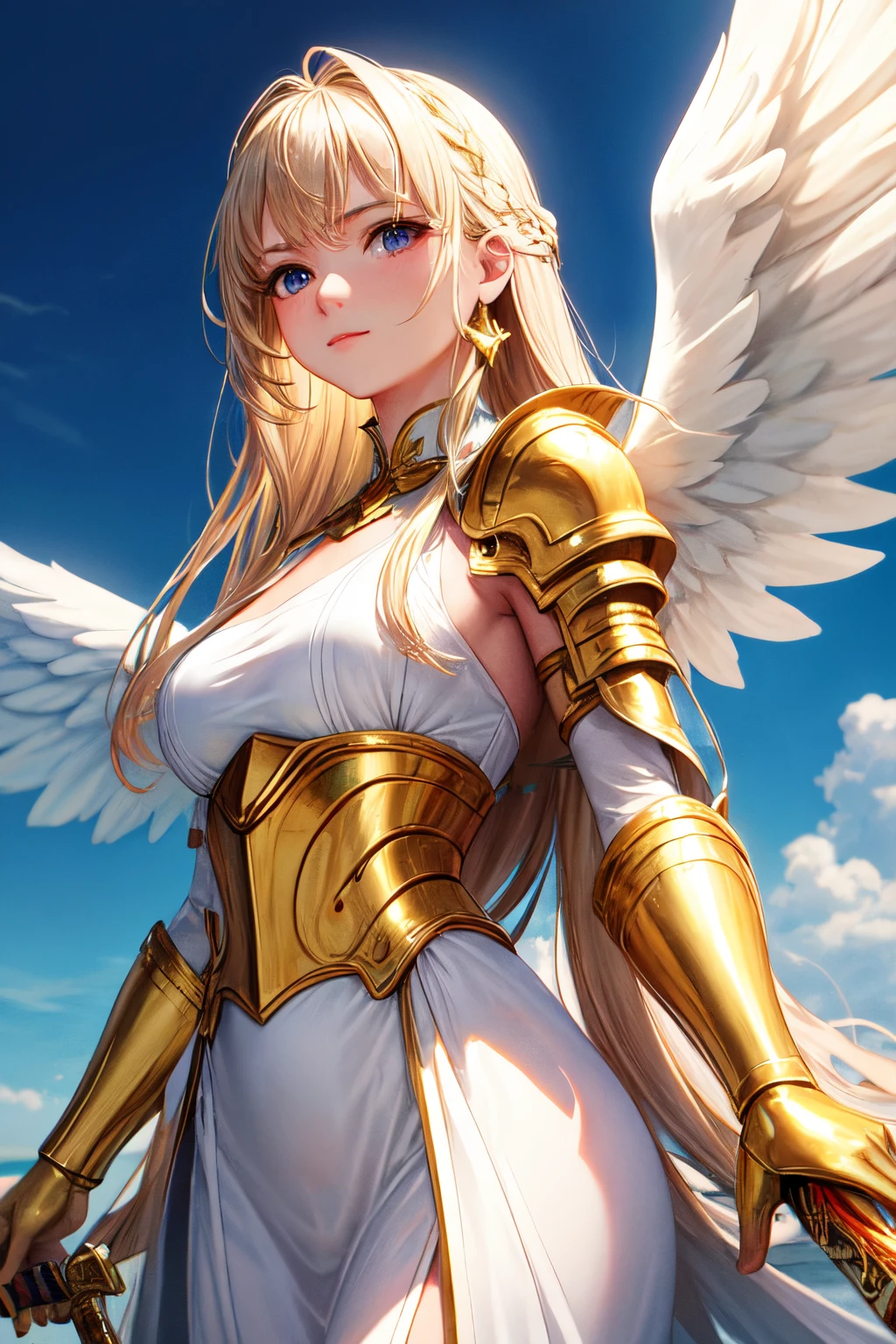 cutesexyrobutts style, 1girl, long_hair, solo, closed_eyes, breasts, wings, angel_wings, dress, head_wings, very_long_hair, armor, large_breasts, cleavage, cloud, angel, hair_over_one_eye, shoulder_armor, low-tied_long_hair