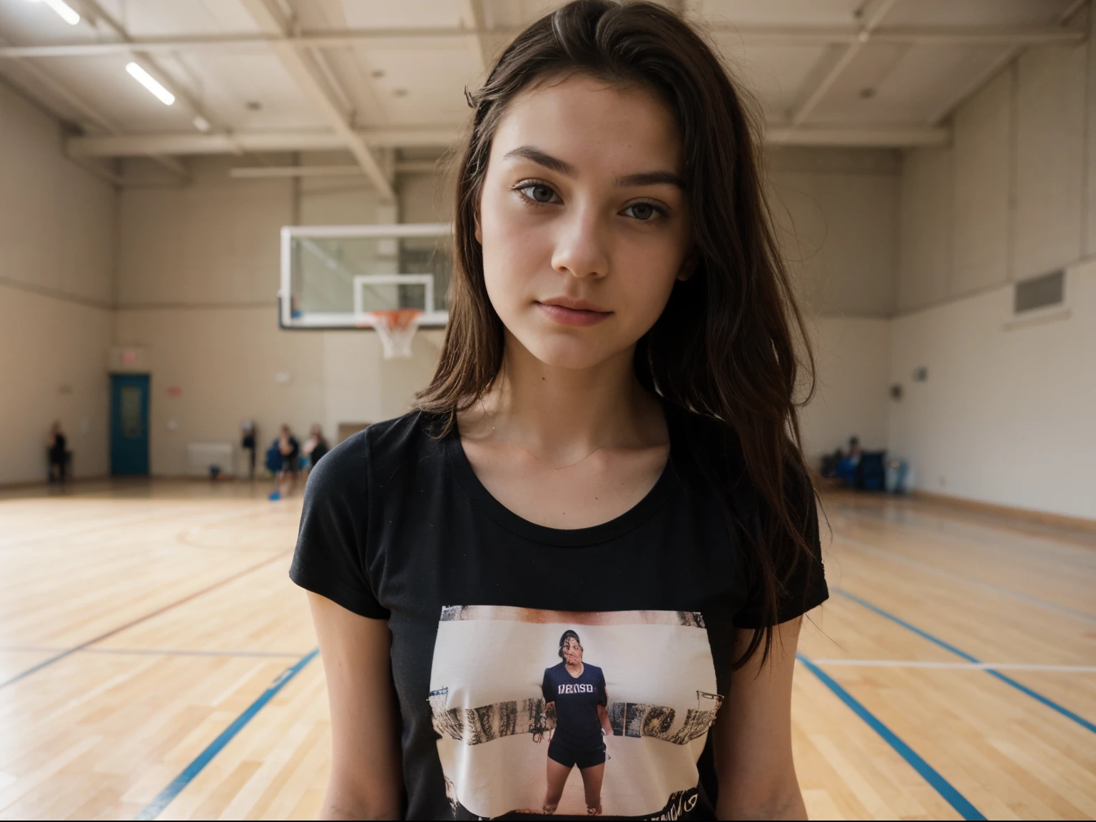 Lucy photography of a 20yo woman, perfect face, sports hall, tshirt, sports, spots