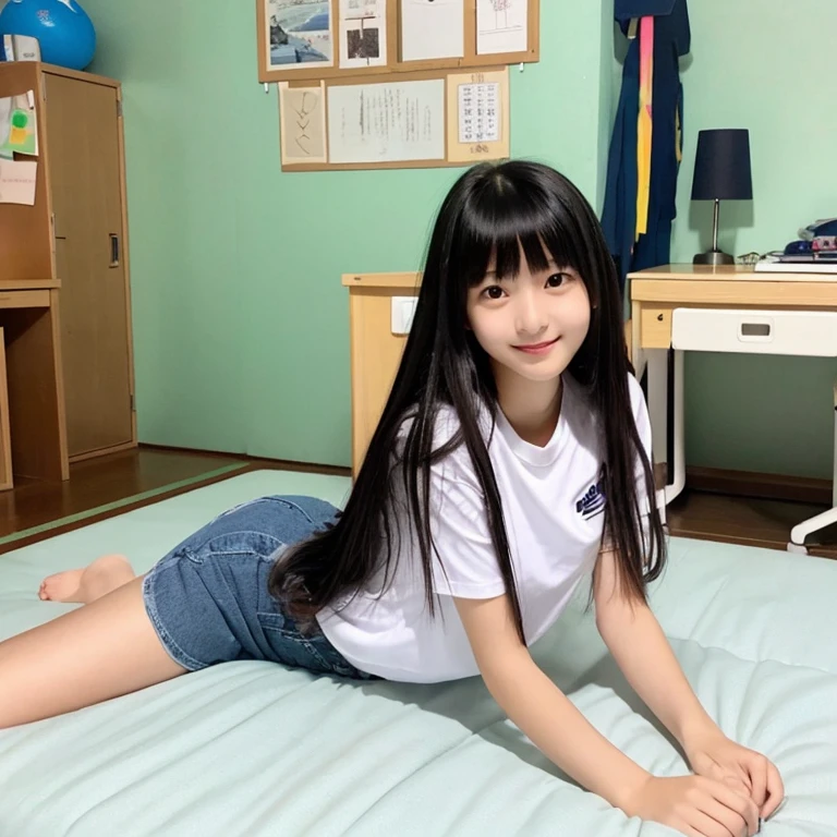 on top,Looking down,from below,White light panties,Flat sandals,sitting on the classroom desk,Crotch view,Mocking expressions,Smiling,White light bandeau,Large angle upward view,Sky background or ceiling background