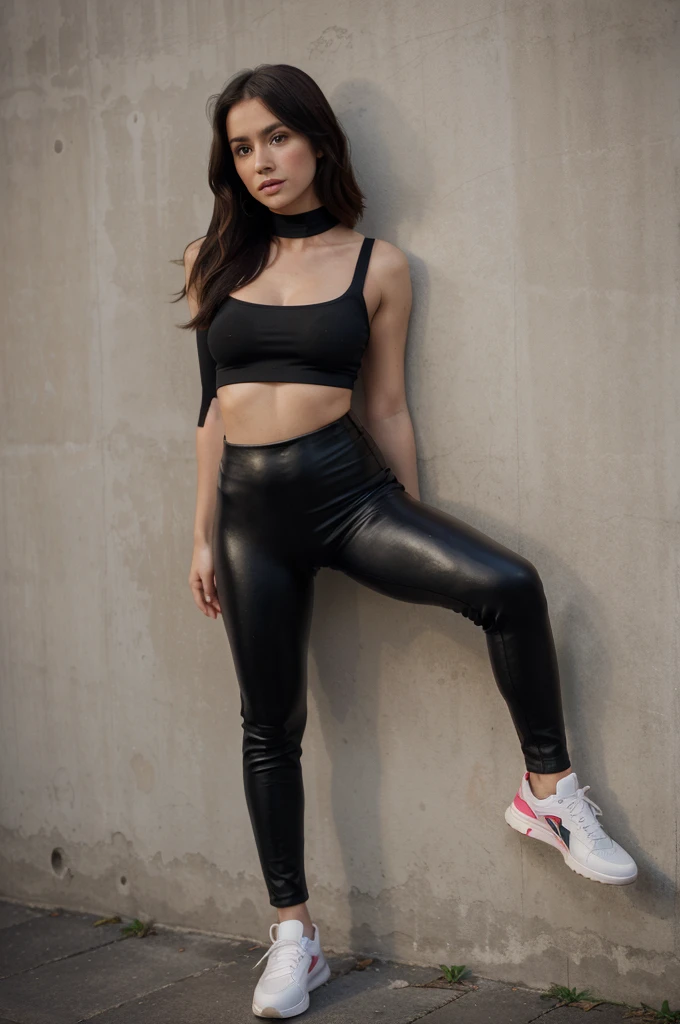 Very Shy Swiss slutty hot ultra super lean girl, by a wall, completely leans against the wall, box bob hairstyle BOX BOB, face severly VERY ULTRA blushed red, face red blush, VERY INSANELY scared look, with a SUPER ULTRA tight black chocker on neck, SUPER tight shiny black party LOW CROP TOPS, ULTRA HYPER SUPER tight BLACK LONG leather LEGGINGS-full leg, sneakers, professional realistic fullbody portrait, Sony camera picture, legs on the picture, shoes on the picture - sneakers, realistic blushed face, realistic red face, scared look, realistic scared look, full body, nothing missing, standing leaning by the wall, standing, crazy eyes, shy, embarrassed, scared, nervous, Sony FE, UHD, highres, high quality, masterpiece, super detail, award winning, anatomically correct, both leg onground