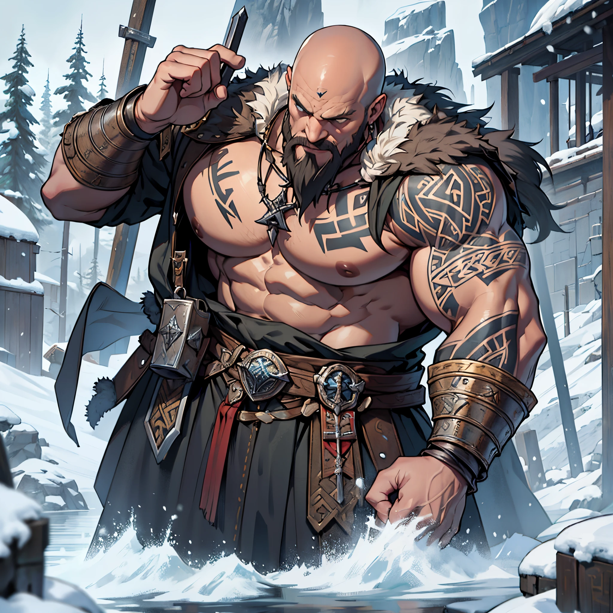 ​masterpiece, Best Quality, detailed, Cinematics, 4k, Background with:Viking buildings built on snowy fjord cliffs, Viking warrior wearing armor and fur coat with rune tattoos, (Bald men)