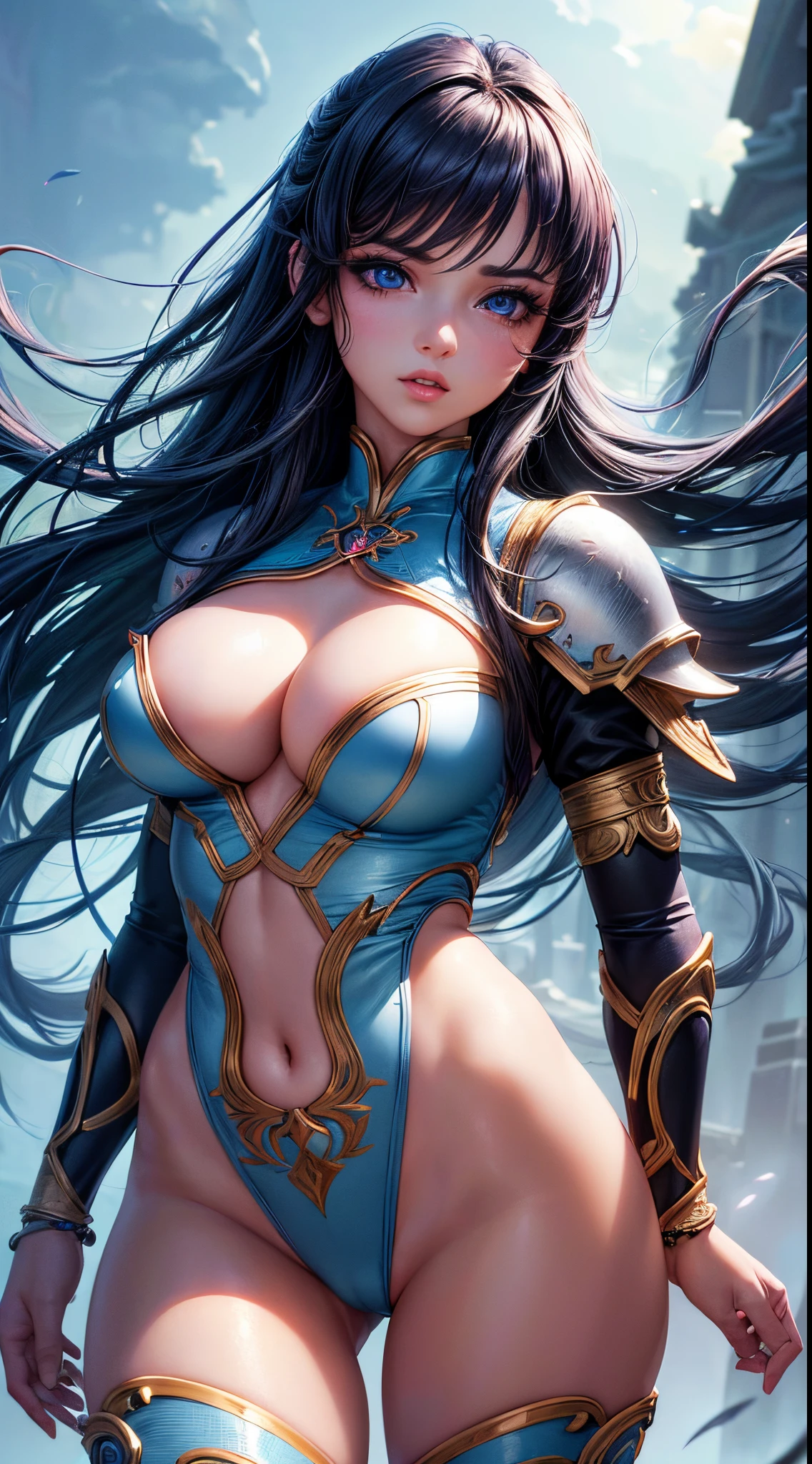 best quality, highres (Amazing quality, hight resolution), ultra-detailed (ultra detail), (realistic:1.37) (realisti), vivid colors (bright colours), studio lighting (studio lightning), (beautiful detailed eyes), (beautiful detailed lips), (extremely detailed eyes and face), (long eyelashes), (1 girl), (anime style), (warrior princess), (anime blade), (impressive breasts),(tight fitting clothes), (minimal clothing)+.