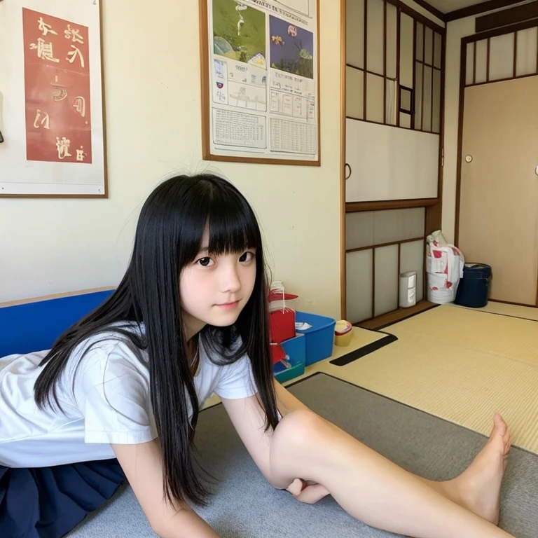 An ultra-high picture quality、Perfect Photo、Japan beautiful girl、、female high-school student、Slender body、Black hair Long hair、With bangs、Cute room、Own room、Physical education sitting、Stretch comfortably、Wearing only a plain white T-shirt、looking-down、Nokezoru、Adored expression、It hurts a lot、