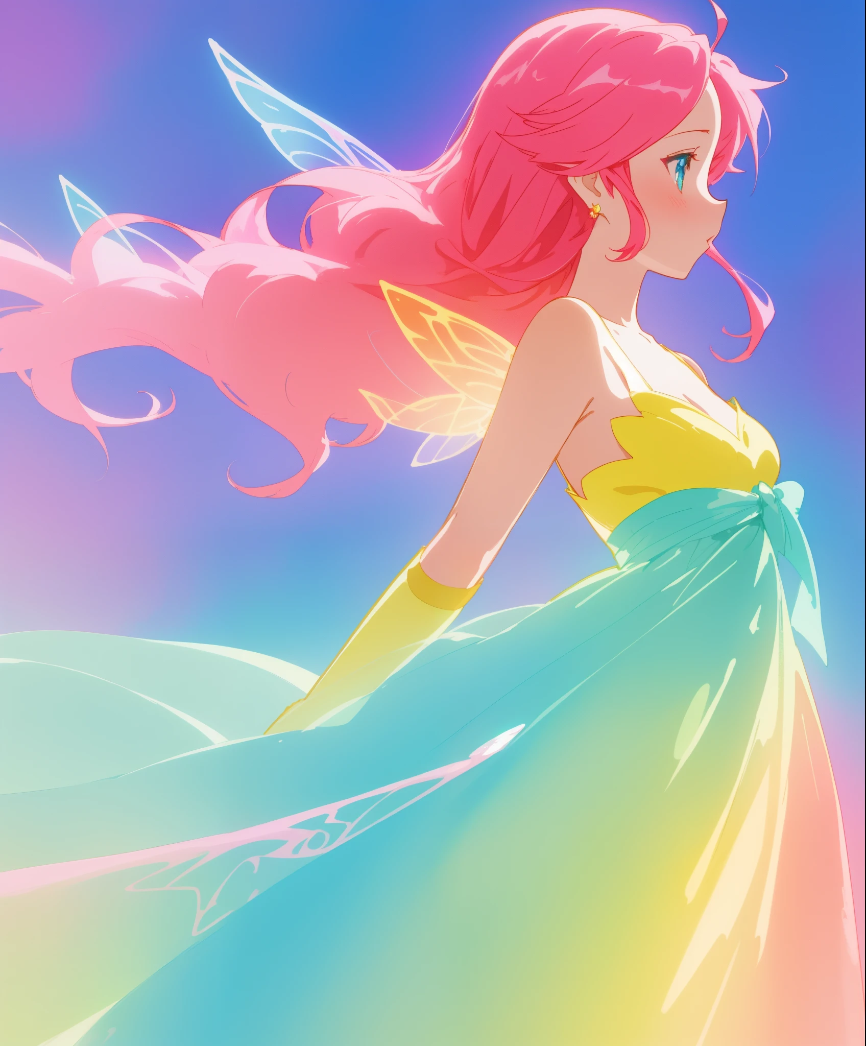 beautiful fairy girl in colorful gradient princess ballgown, fairy wings, fairy princess, long flowing red pink hair, colorful fantasia background, watercolor illustration, disney art style, beautiful digital illustration, beautiful, masterpiece, best quality, anime disney style, beautiful face
