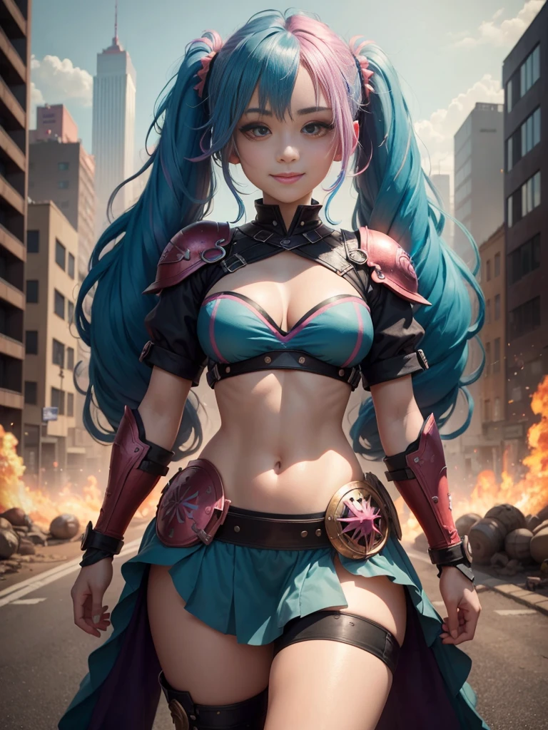 best quality, 4k, masterpiece, extremely detailed, High Detail, 1girl, solo, peri, blue hair, hair over one eye, multicolored hair, twintails, pink hair, red eyes, two-tone hair, armor, smile, Burning city background