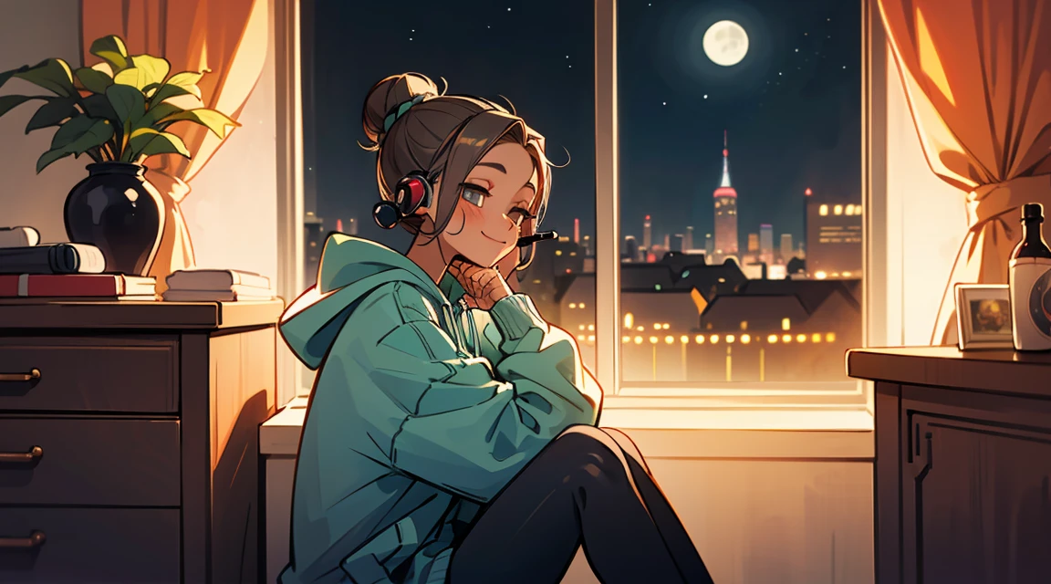 A beautiful girl is sitting in a peaceful room, wearing headphones and looking out the window at night of Christmas. The room is bathed in soft moonlight, and the only sound is the gentle hum of the city outside. The girl is wearing a comfortable oversized hoodie and leggings, and her hair is pulled back in a messy bun. She is smiling and relaxed, and the music she is listening to seems to be bringing her peace.