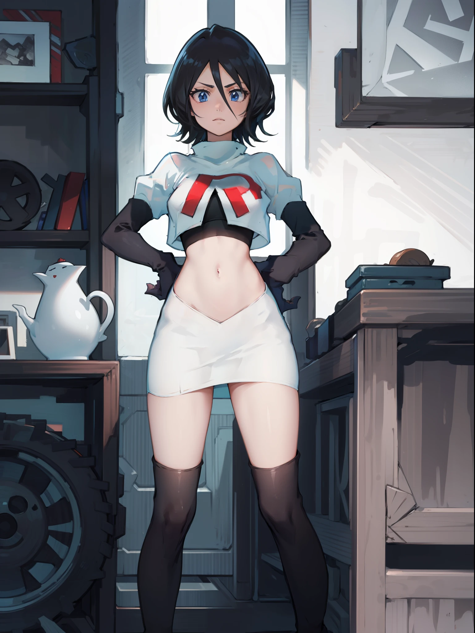 (((1 Woman with a belt with a sword and a mug on her back, with a mini blouse with a zipper, with white panties)),((black hair)),((eyes close)),((bare breasts and protruding and very small)),((standing with hands in the air, in a medieval room, during the day