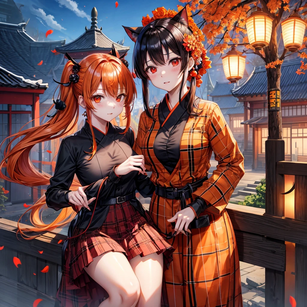 orange black hair、red eyes、one good looking girl、独奏、animesque、lightly dressed、Plaid miniskirt、flower petals、wetting hair、komono、large tree、云、railroad crossing、poneyTail、monster castle、lantern