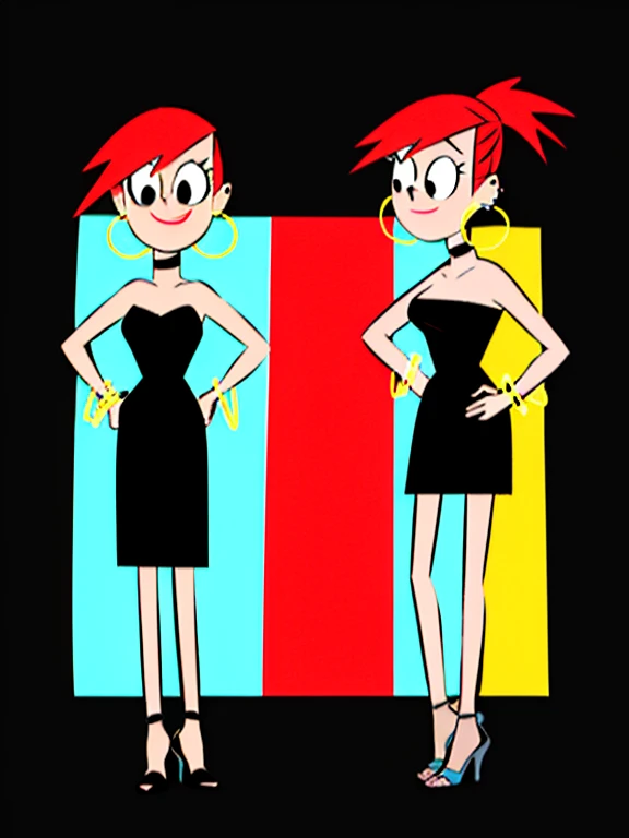 FostersStyle, 1 girl, black eyes, black dress, bare shoulders, jewelry, ponytail, bracelet, strapless, hoop earrings, black choker, high heels, abstract background, looking at viewer, hands on hips, smile