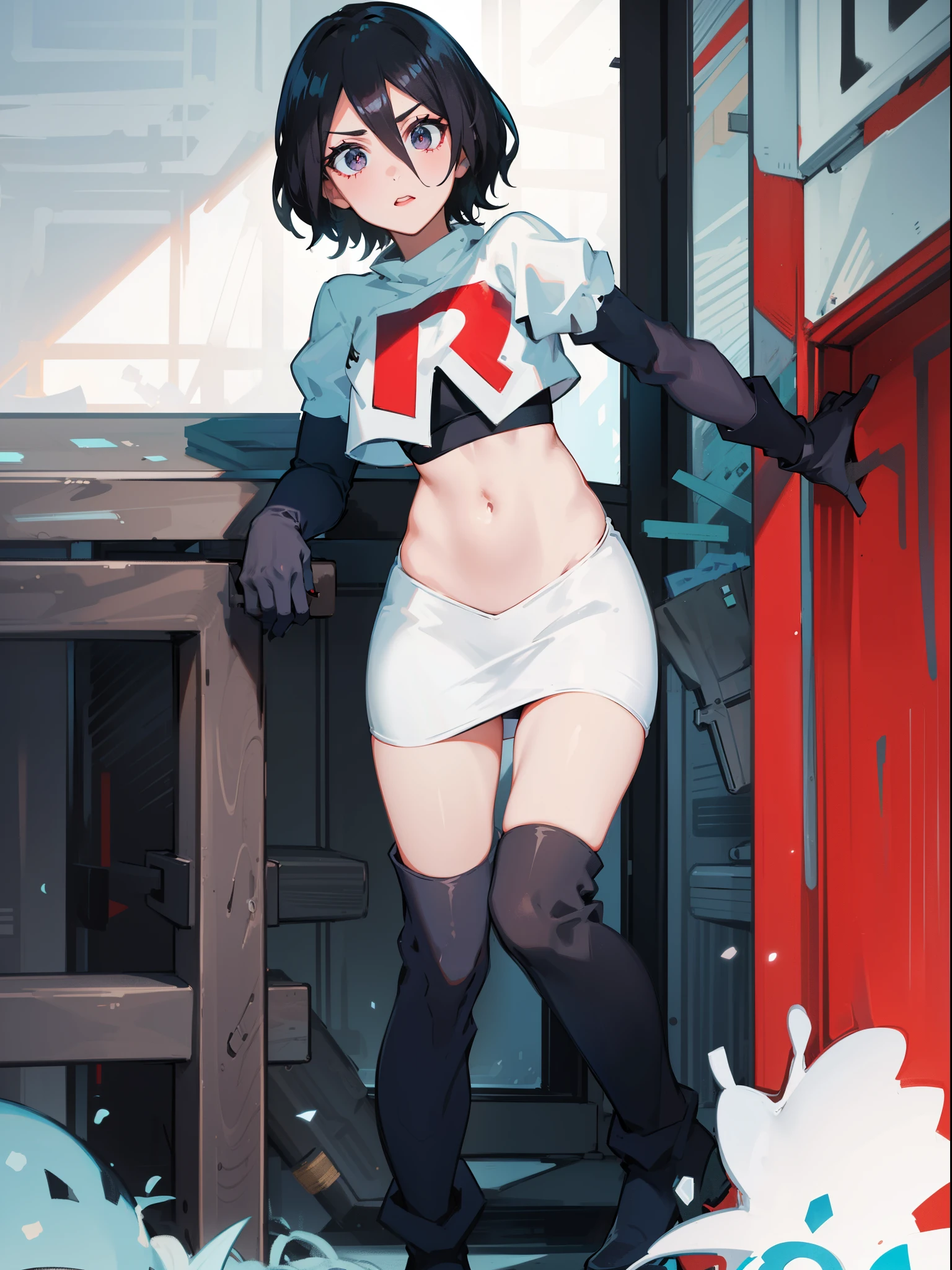 Black color hair, team rocket uniform, red letter R, white skirt,white crop top,black thigh-high boots, black elbow gloves,