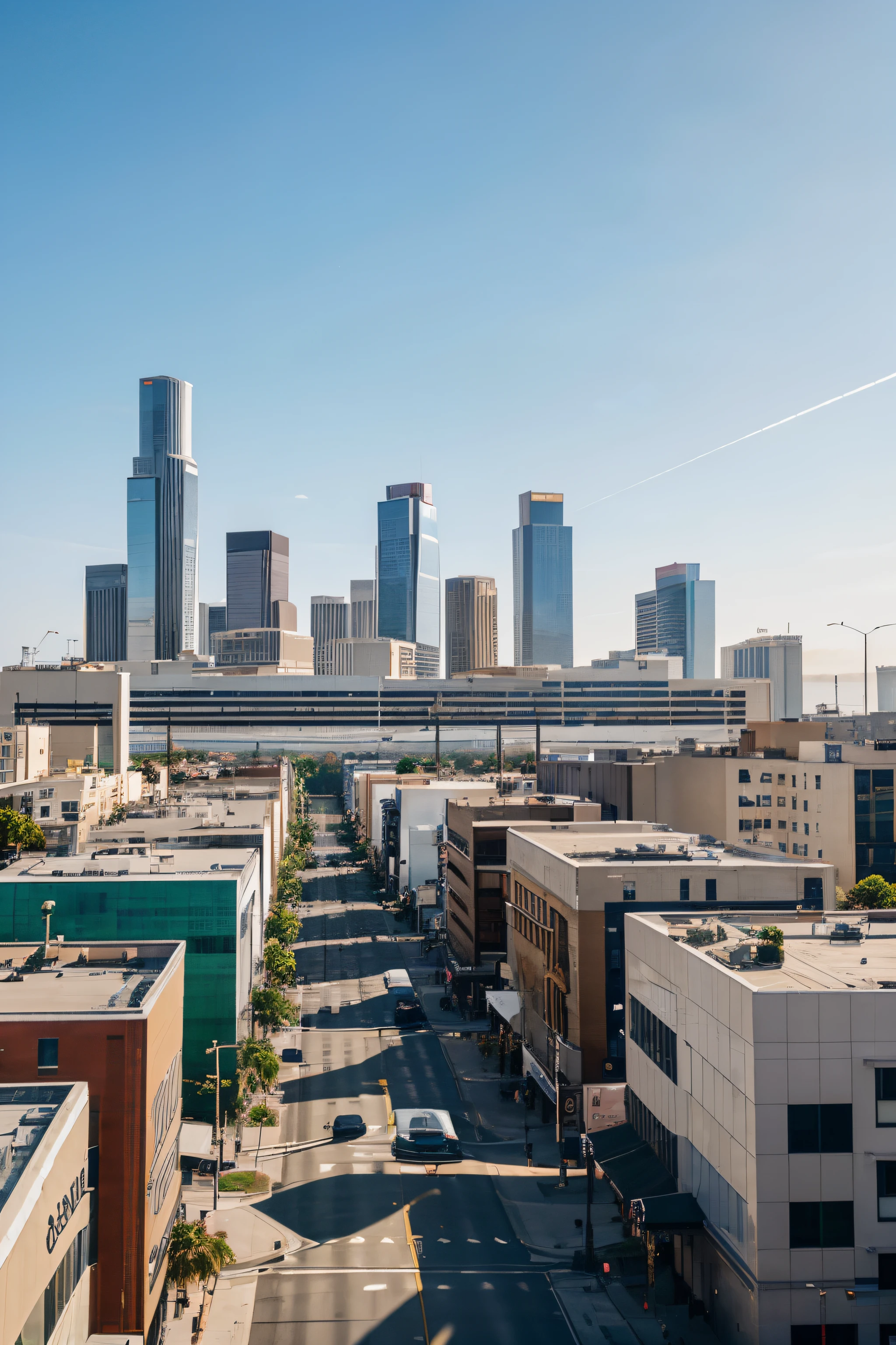 Create an image that showcases the diverse skyline of Los Angeles, integrating iconic commercial buildings alongside vibrant, bustling streets. Incorporate subtle visual cues such as office spaces, retail shops, and industrial units to convey the variety of real estate options available. Add a touch of professionalism with a sleek, modern aesthetic to appeal to a wide range of businesses seeking their ideal space in this thriving city.