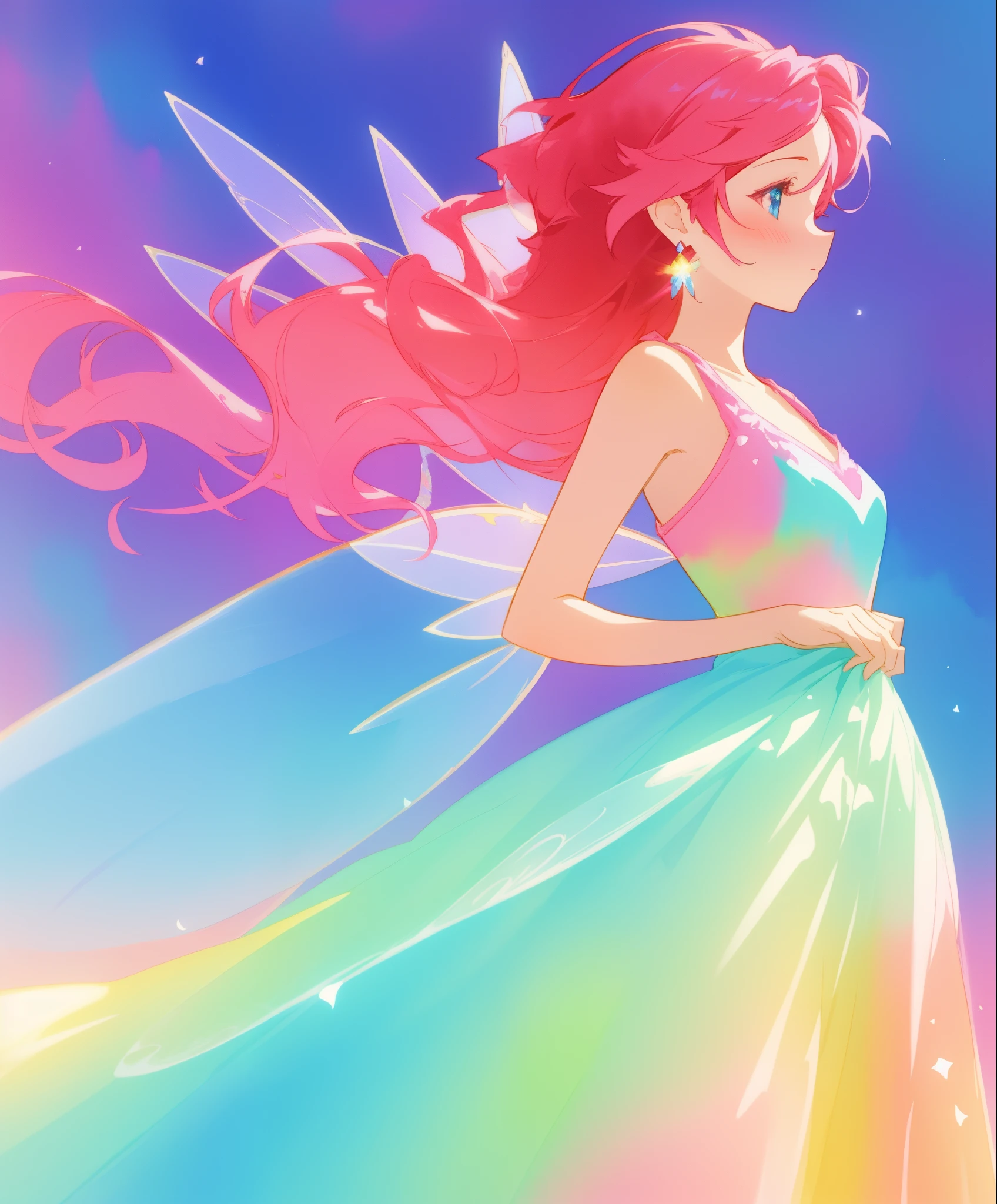 beautiful fairy girl in colorful gradient princess ballgown, fairy wings, fairy princess, long flowing red pink hair, colorful fantasia background, watercolor illustration, disney art style, beautiful digital illustration, beautiful, masterpiece, best quality, anime disney style, beautiful face