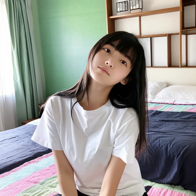 An ultra-high picture quality、Perfect Photo、Japan beautiful girl、、female high-school student、Slender body、Black hair Long hair、With bangs、Cute room、Own room、Physical education sitting、Stretch comfortably、Wearing only a plain white T-shirt、look up to、Nokezoru、Adored expression、It hurts a lot、