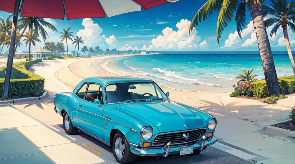 resort area, sea side, palm tree, summer sky, american classic car