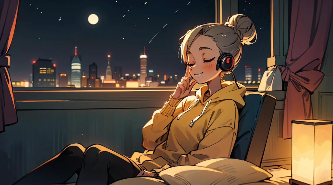 A beautiful girl is sitting in a peaceful room, wearing headphones and looking out the window in a Christmas night. The room is bathed in soft moonlight, and the only sound is the gentle hum of the city outside. The girl is wearing a comfortable oversized hoodie and leggings, and her hair is pulled back in a messy bun. She is smiling and relaxed, and the music she is listening to seems to be bringing her peace.