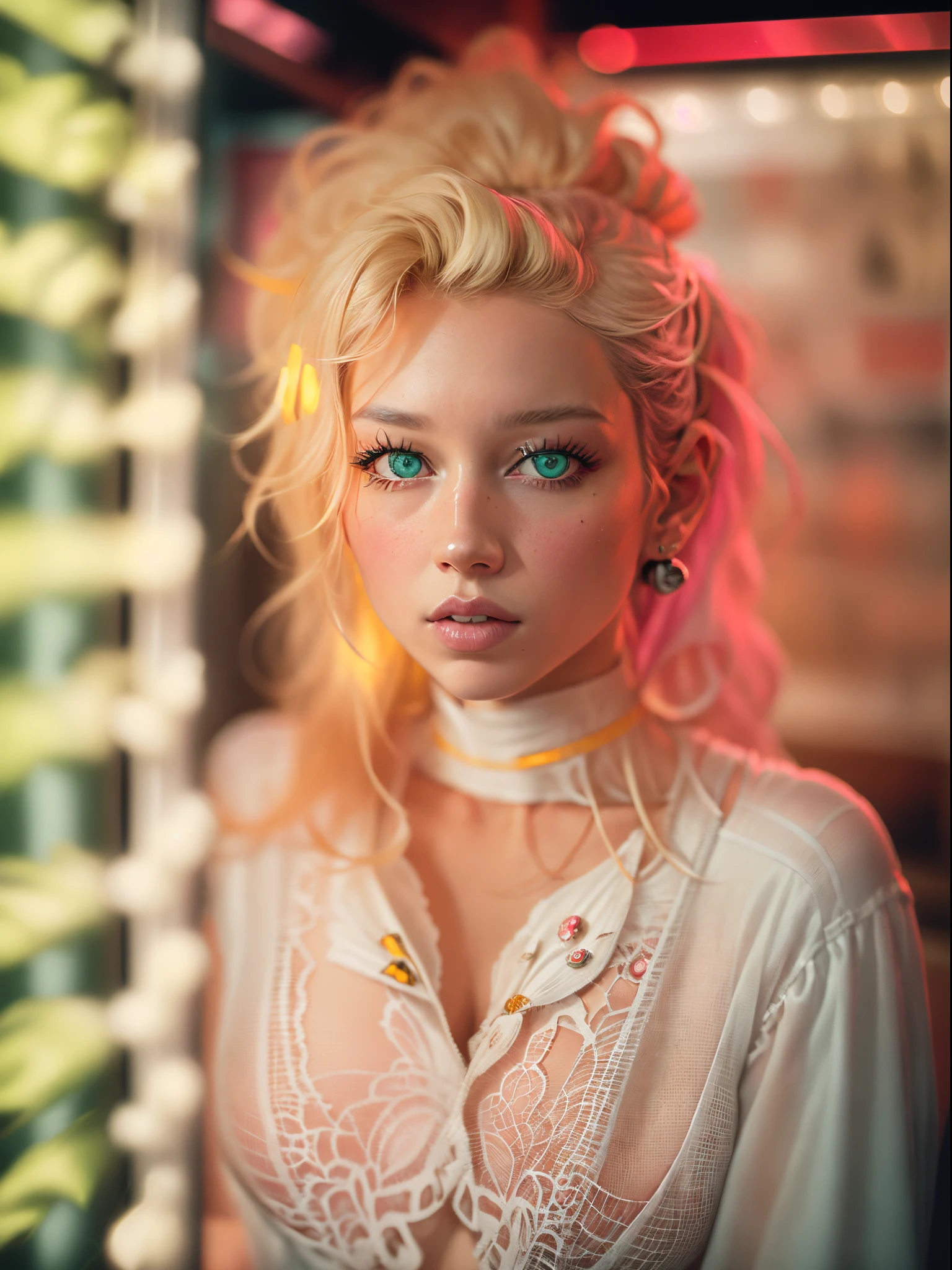 analogue fashion photo shot of young blonde woman with cyberpunk hair, (((big boobs))) in a 1950 brazilian vhs videoclub, ((neon lights pink and yellow lights)), (((((high fashion white clothes in the style of Alexander McQueen))))), supermodel, sexy model poses, masterpiece, eye level, Kodak Funsaver, Porta 160, 20mm, bokeh, in the style of Nan Goldin, textured, distressed, ((vintage)), edgy, noisy, high contrast, ((((((bad framing))))))