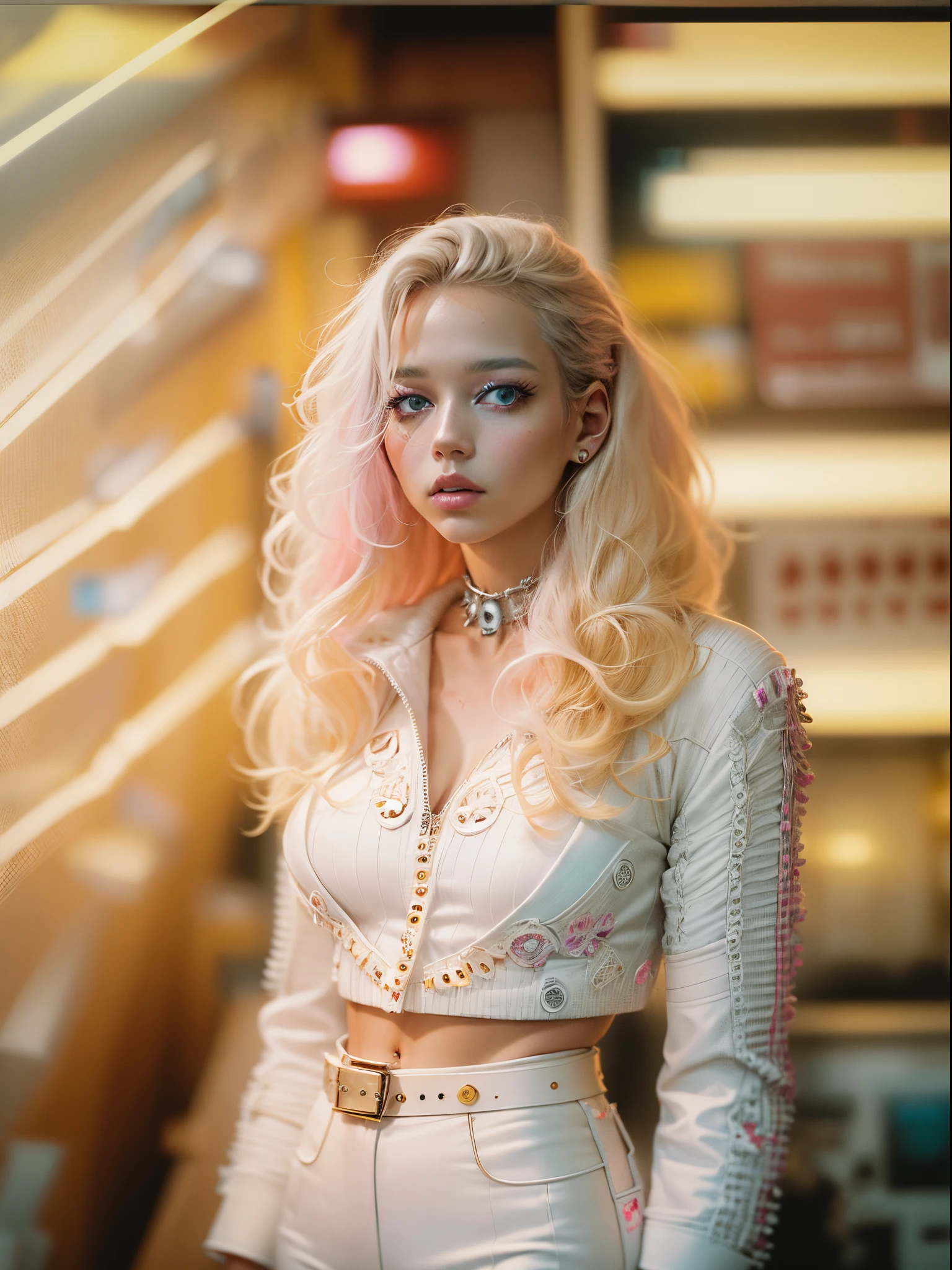 analogue fashion photo shot of young blonde woman with cyberpunk hair, (((big boobs))) in a 1950 brazilian vhs videoclub, ((neon lights pink and yellow lights)), (((((high fashion white clothes in the style of Alexander McQueen))))), supermodel, sexy model poses, masterpiece, eye level, Kodak Funsaver, Porta 160, 20mm, bokeh, in the style of Nan Goldin, textured, distressed, ((vintage)), edgy, noisy, high contrast, ((((((bad framing))))))