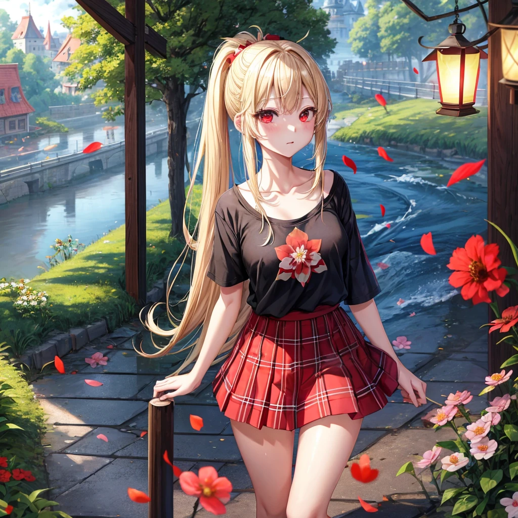 a blond、red eyes、one good looking girl、独奏、animesque、lightly dressed、Plaid miniskirt、flower petals、wetting hair、Black T-shirt、large tree、云、railroad crossing、poneyTail、monster castle、lantern