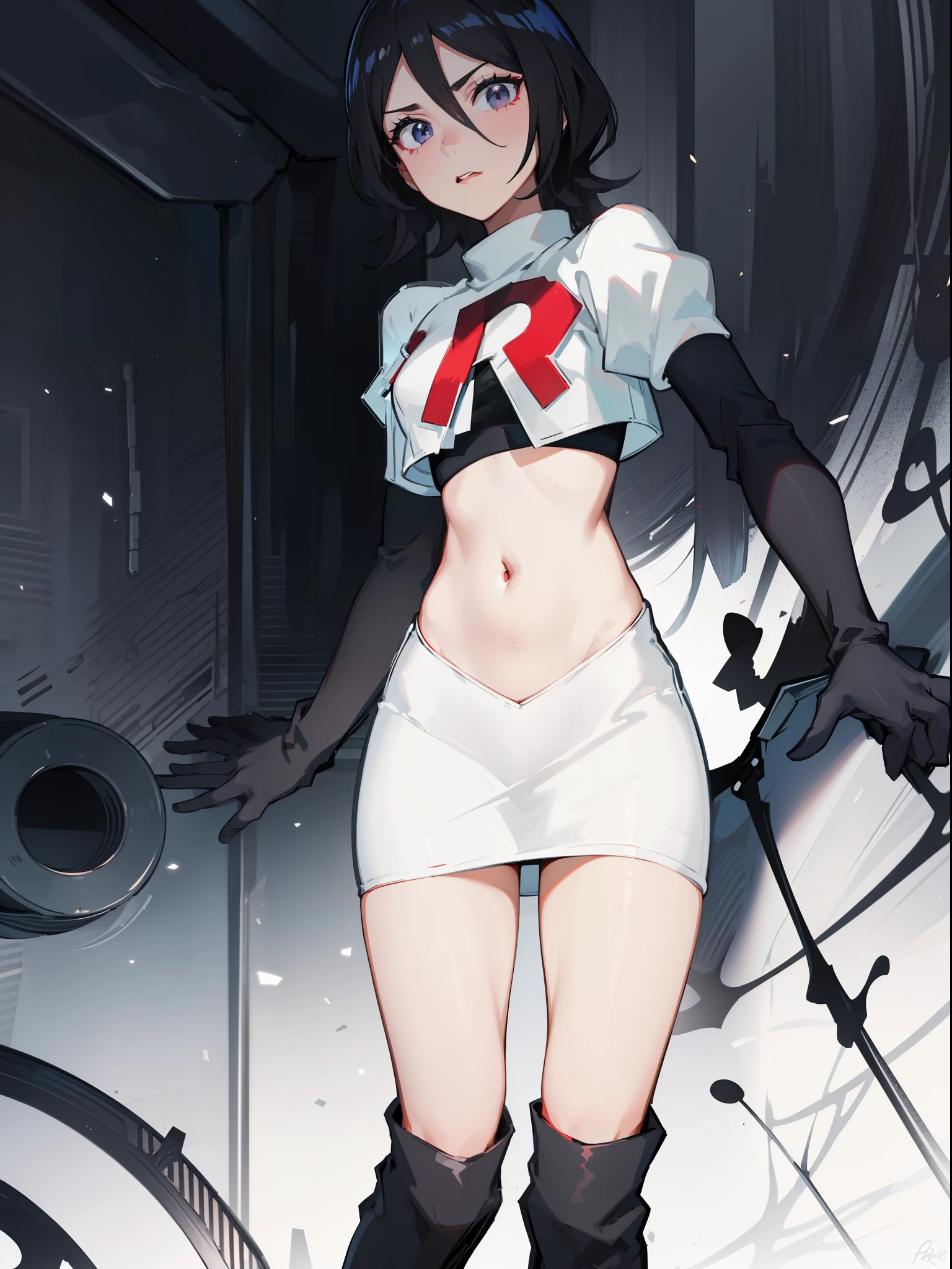 Black color hair, team rocket uniform, red letter R, white skirt,white crop top,black thigh-high boots, black elbow gloves,