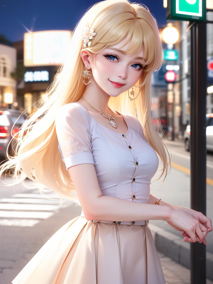 absurderes, (masuter piece:1.3)ultra-detailliert,bright colour, extremely beautiful detailed anime face and eyes, (独奏:1.6), Smooth straight blonde hair, Shiny hair, Delicate beautiful face, red blush,(Deep Blue Eyes:1.3 ) White skin, hair clips, earrings, a necklace,(Agnes B-Shirt:1.3),(Barbary skirt:1.3) (nightcity:1.3),Bustling street、(Nitanita Smile:1.5)、Upper body