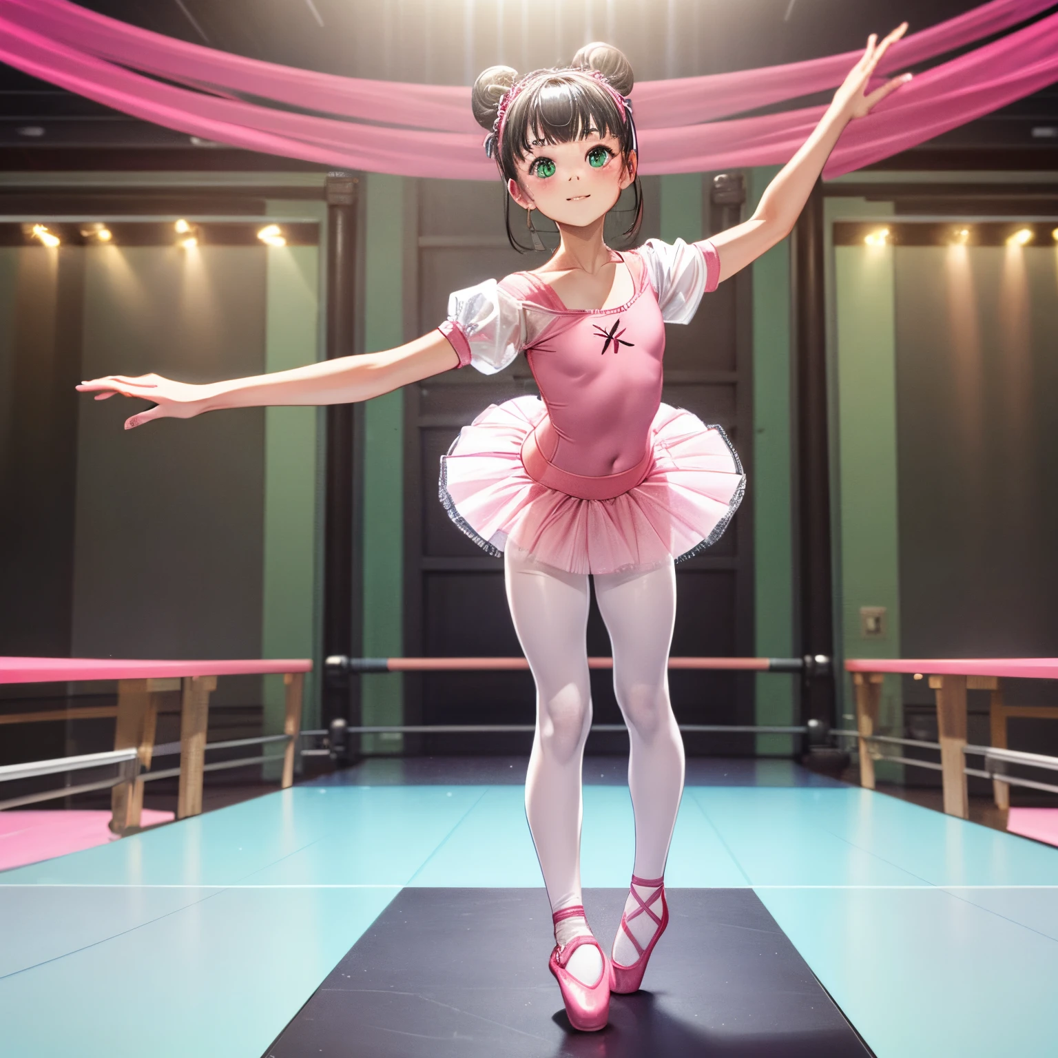 A cute 15 years old japaneese girl doing ballet, drawn in anime style, full body view, futuristic, Y2K aesthetic, sci-fi, jade green eyes, brown ballet bun hair, small breast, red leotard with short sleeves, wide tutu skirt, pink tights covering entire legs, pointe shoes, dancing in a high tech ballet studio, normal camera angle, highly detailed, 4K.