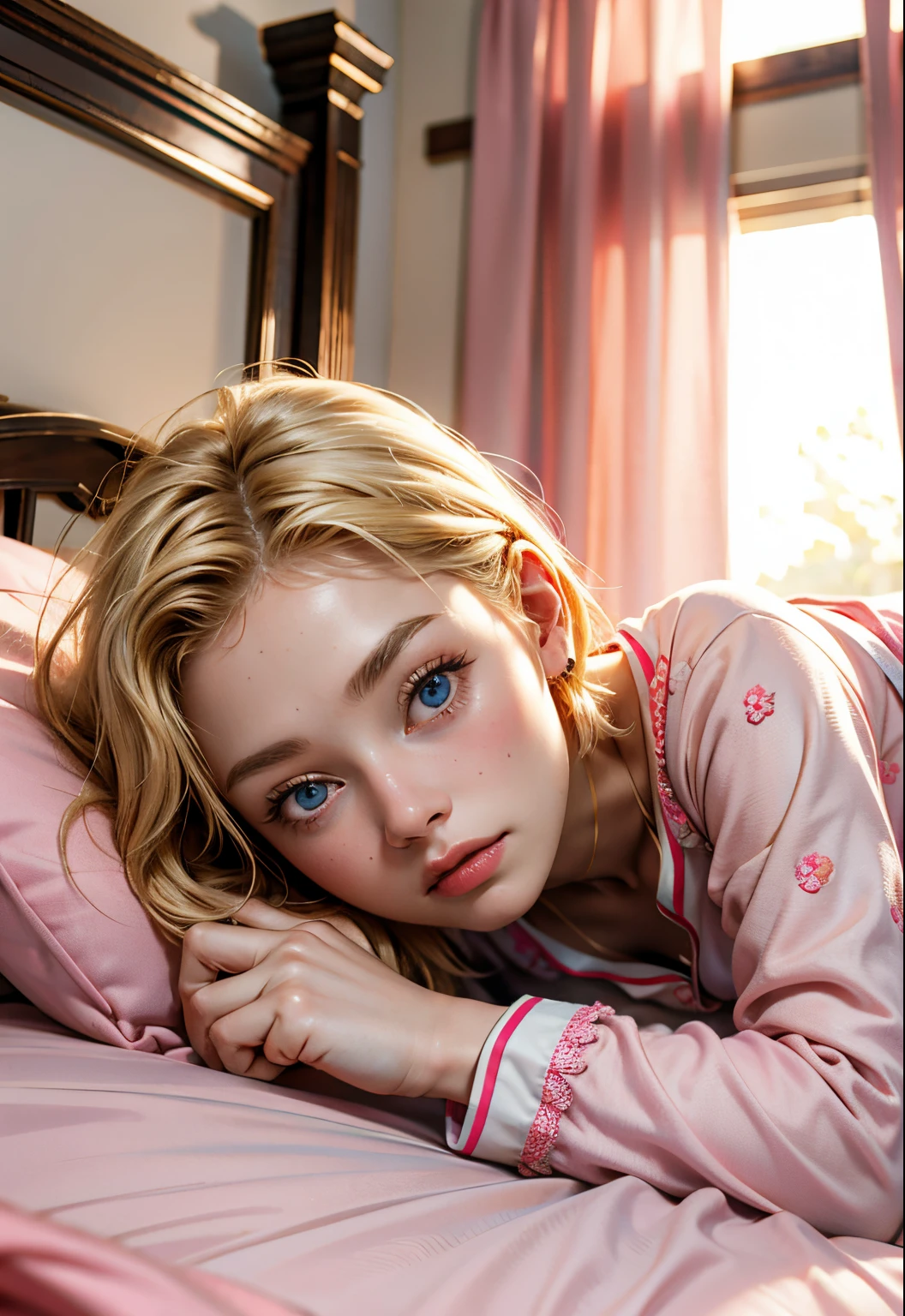17 year old girl, blonde, BLUE eyes, cute, lying on the bed, short hair, pink pajamas, 1girl