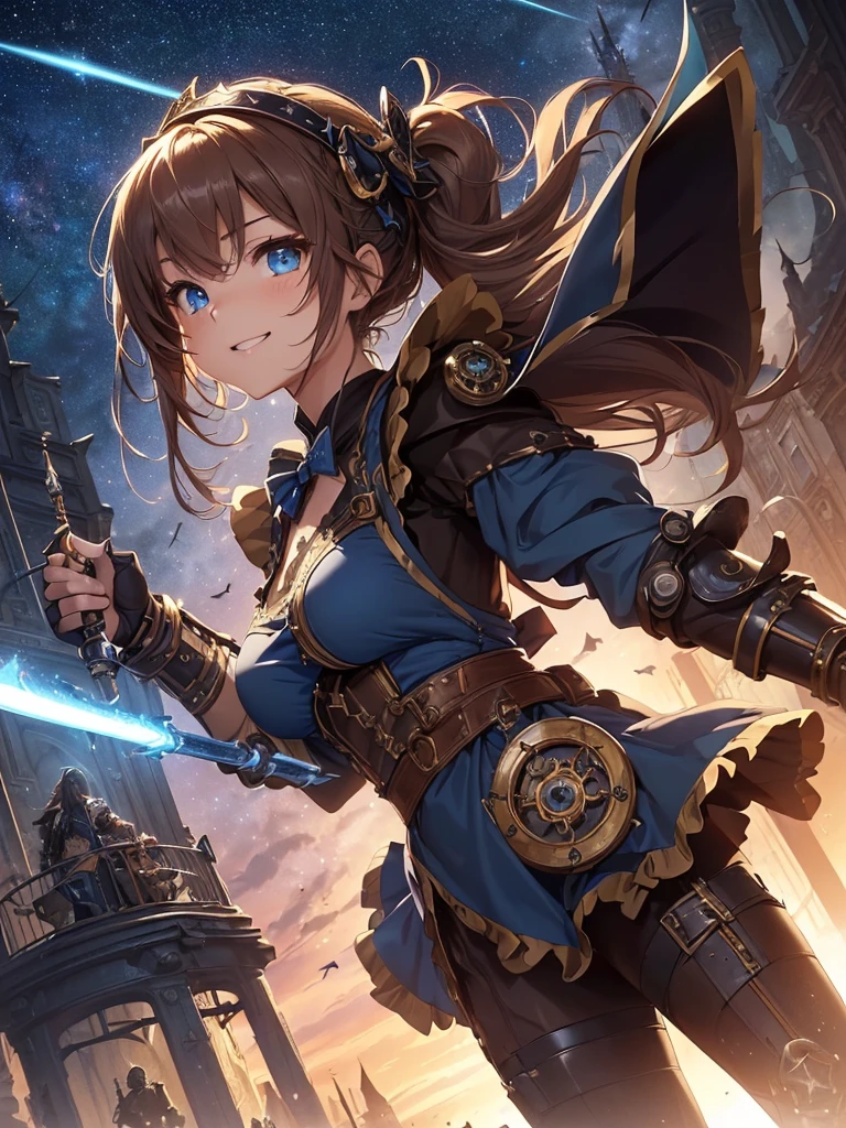 top-quality、Top image quality、​masterpiece、Beautiful Gothic girl((24 year old、Best Bust、big bast、Bust 90,Beautiful blue eyes、,Brown hair long hair、A slender、a closeup、steampunk cannon、Holds a luminous sword in both hands、Cool pose、fight、Esbian、Gothic Maid costume、beautiful apron、hiquality、Beautiful Art、Background with((starrysky)))masutepiece、visualart、depth of fields、low angle of morning sky、、、🎵、Happy smile、Gentle light、、Beautiful skins、beutiful breast、beautiful foot、welcome、、accurate fingers、Exact finger count、nffsw、steampunc、Lots of gears、Majestic nature、Artistically、gothic magic、action scene、Fight giant robot monsters、Great angle、Battle Scenes、steampunk fantasy、Saber