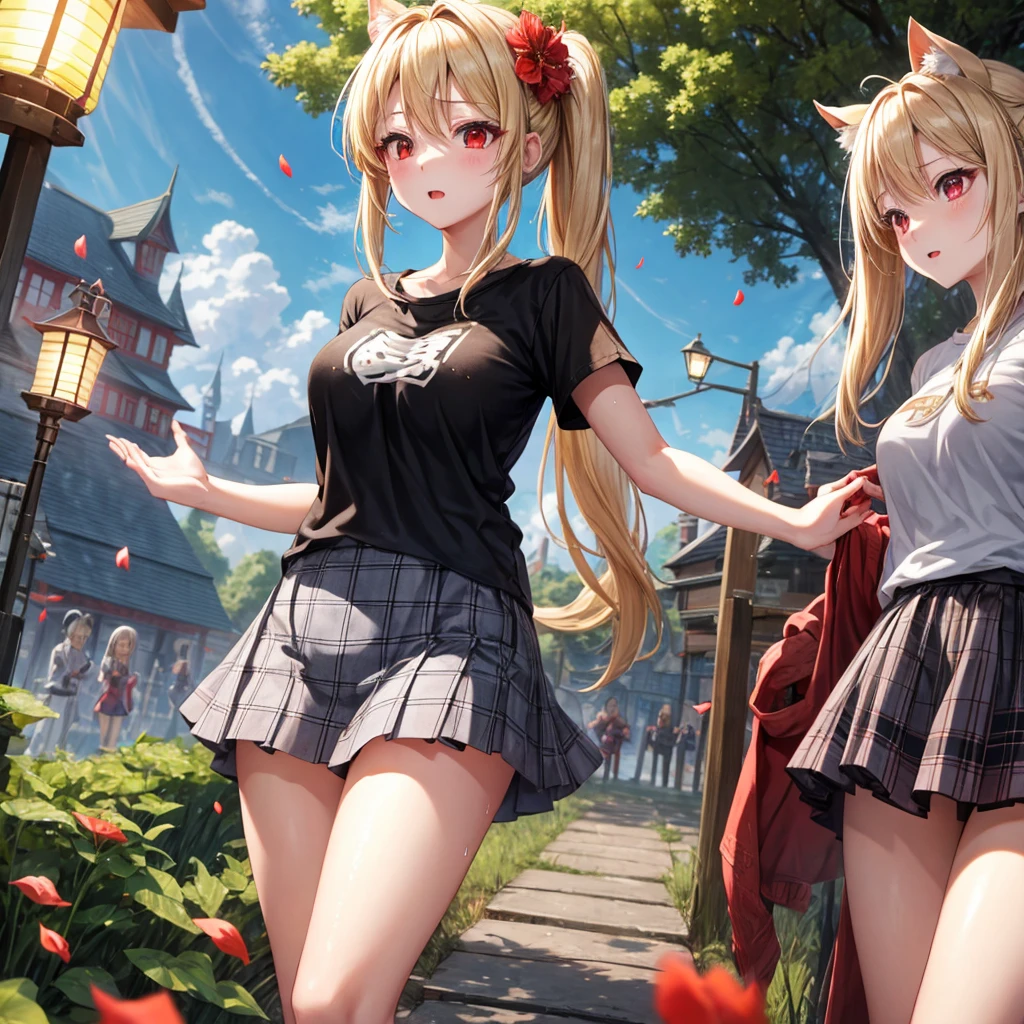 a blond、red eyes、one good looking girl、独奏、animesque、lightly dressed、Plaid miniskirt、flower petals、wetting hair、Black T-shirt、large tree、云、railroad crossing、poneyTail、monster castle、lantern