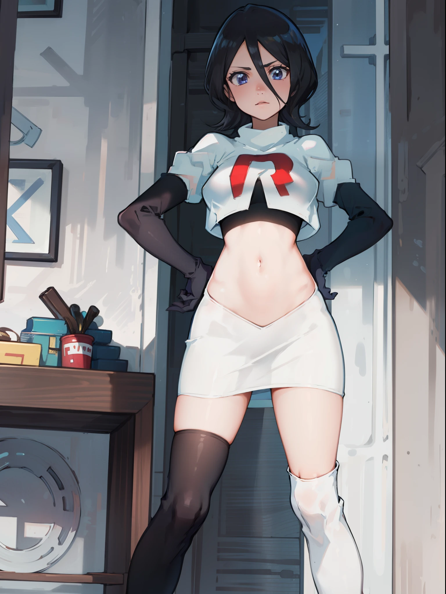 Black color hair, team rocket uniform, red letter R, white skirt,white crop top,black thigh-high boots, black elbow gloves,