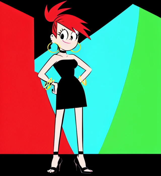 FostersStyle, solo, 1 girl, black eyes, black dress, bare shoulders, jewelry, ponytail, bracelet, strapless, hoop earrings, black choker, high heels, abstract background, looking at viewer, hands on hips, smile, high quality, high resolution.