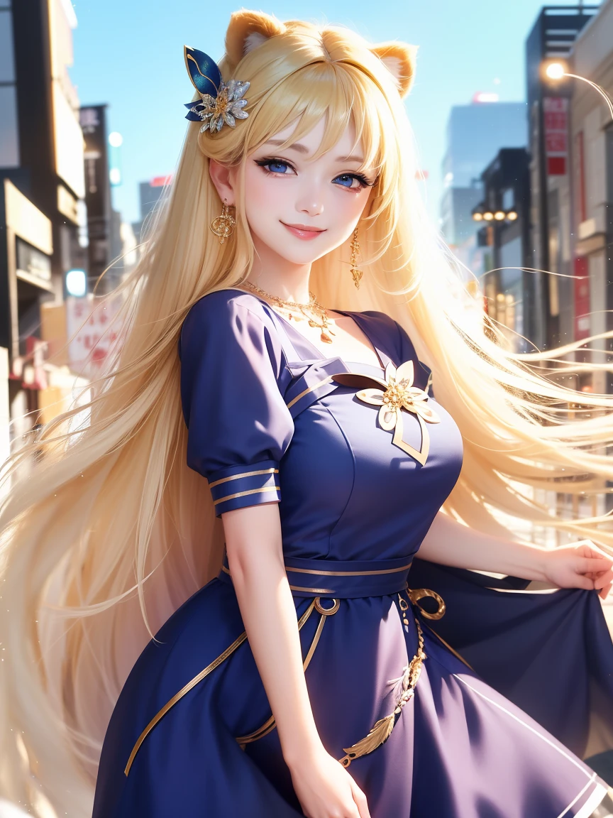 absurderes, (masuter piece:1.3)ultra-detailliert,bright colour, extremely beautiful detailed anime face and eyes, (独奏:1.6), Smooth straight blonde hair, Shiny hair, Delicate beautiful face, red blush,(Deep Blue Eyes:1.3 ) White skin, hair clips, earrings, a necklace,(Agnes B-Shirt:1.3),(Barbary skirt:1.3) (nightcity:1.3),Bustling street、(Nitanita Smile:1.5)、Upper body