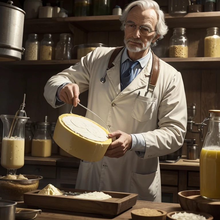 "Generate an ultra-realistic 4K image depicting the inventor of margarine, Hyppolyte Mege-Mouries, in his laboratory. Highlight characteristic elements of the time and the margarine creation process, incorporating authentic details and expressions that convey the inventor's dedication."