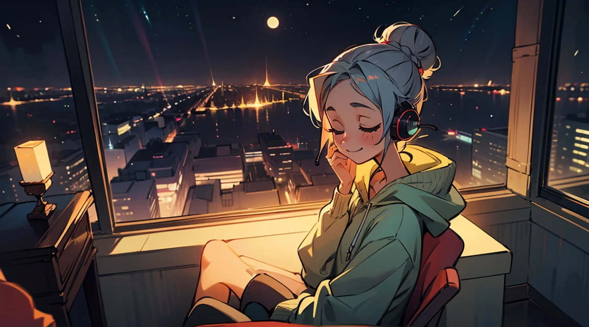A beautiful girl is sitting in a peaceful room, wearing headphones and looking out the window at night with a beautiful cinematographic view. The room is bathed in soft moonlight, and the only sound is the gentle hum of the city outside. The girl is wearing a comfortable oversized hoodie and leggings, and her hair is pulled back in a messy bun. She is smiling and relaxed, and the music she is listening to seems to be bringing her peace.