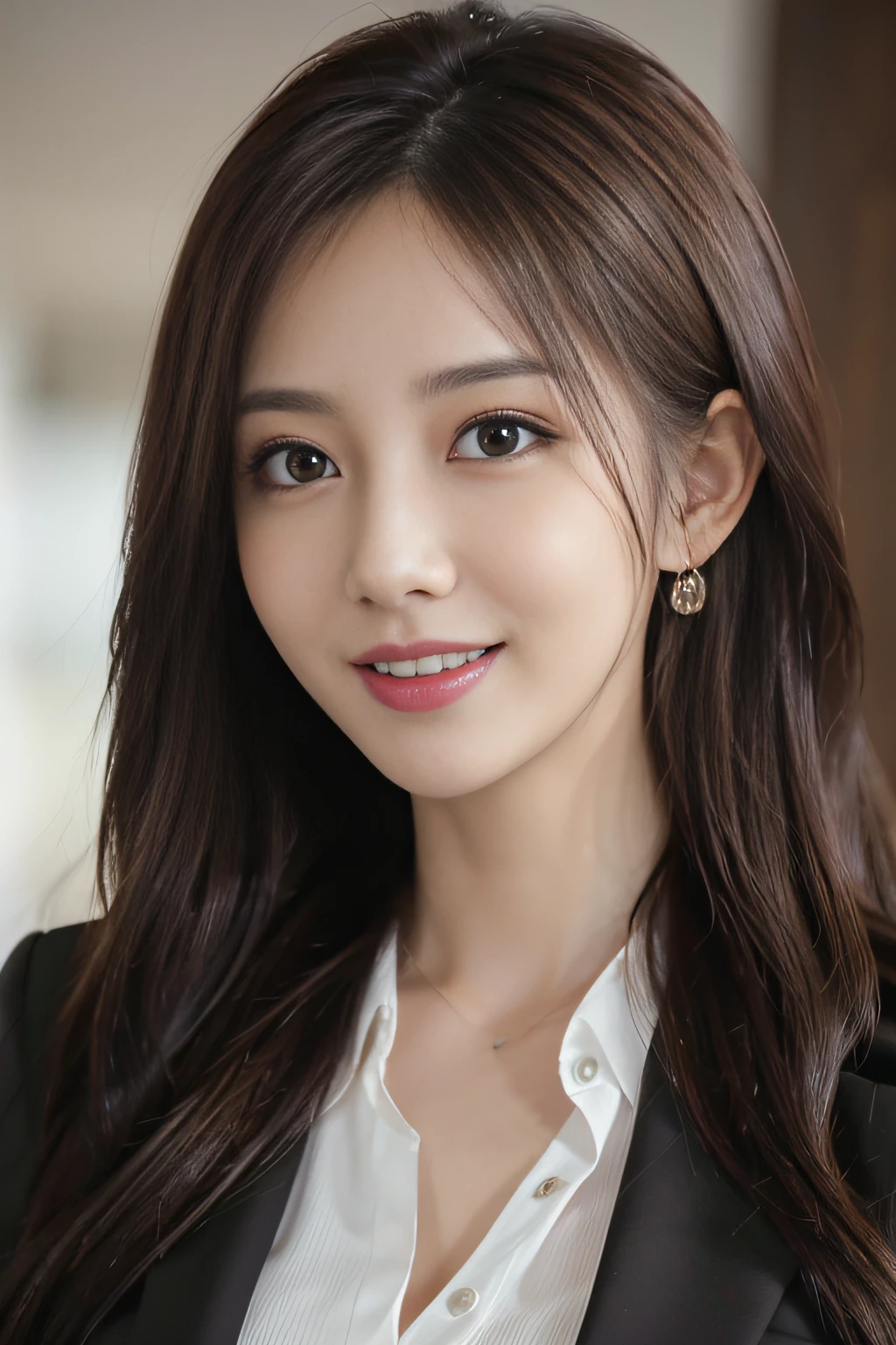 masutepiece, Best Quality, Photorealistic, Ultra-detailed, finely detail, High resolution, 8K Wallpaper, 1 beautiful woman,, light brown messy hair, in a business suit, foco nítido, Perfect dynamic composition, Beautiful detailed eyes, detailed hairs, Detailed realistic skin texture, Smiling, Close-up portrait, Model body type、Laughing、