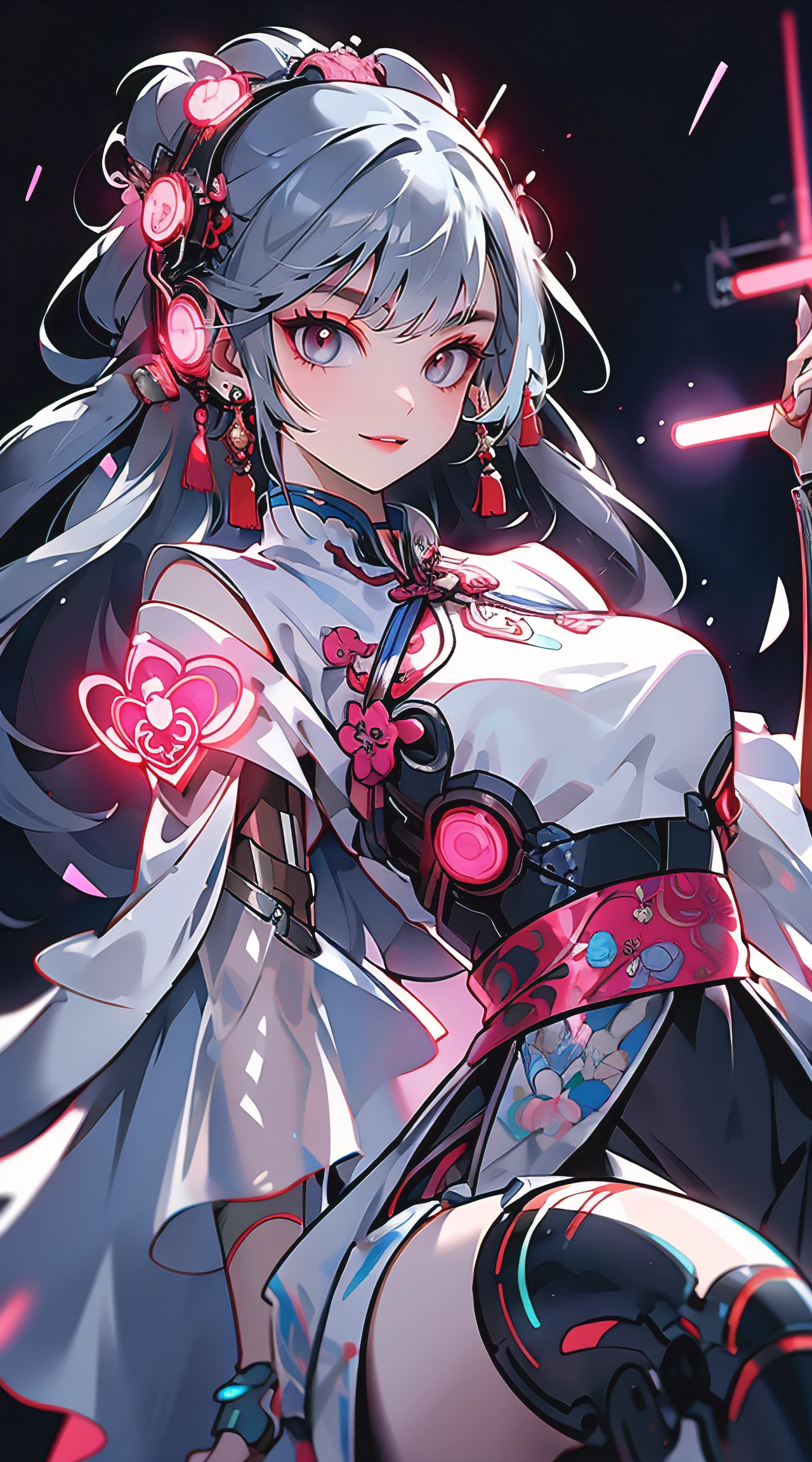 1 girl, Chinese_clothes, liquid silver and pink, cyberhan, cheongsam, cyberpunk city, dynamic pose, glowing headphones, glowing hair accessories, long hair, glowing earrings, glowing necklace, cyberpunk, high-tech city, full of mechanical and futuristic elements, futuristic, technology, glowing neon, pink, pink light, transparent tulle, transparent streamers, laser, digital background urban sky, big moon, with vehicles, best quality, masterpiece, 8K, character edge light, Super high detail, high quality, the most beautiful woman in human beings, smiling slightly, face facing front and left and right symmetry, ear decoration, beautiful pupil light effects, visual data, silver-white hair, hair is not messy, long hair over the waist, luminous electronic watch, deep eyes, happy, English doodling