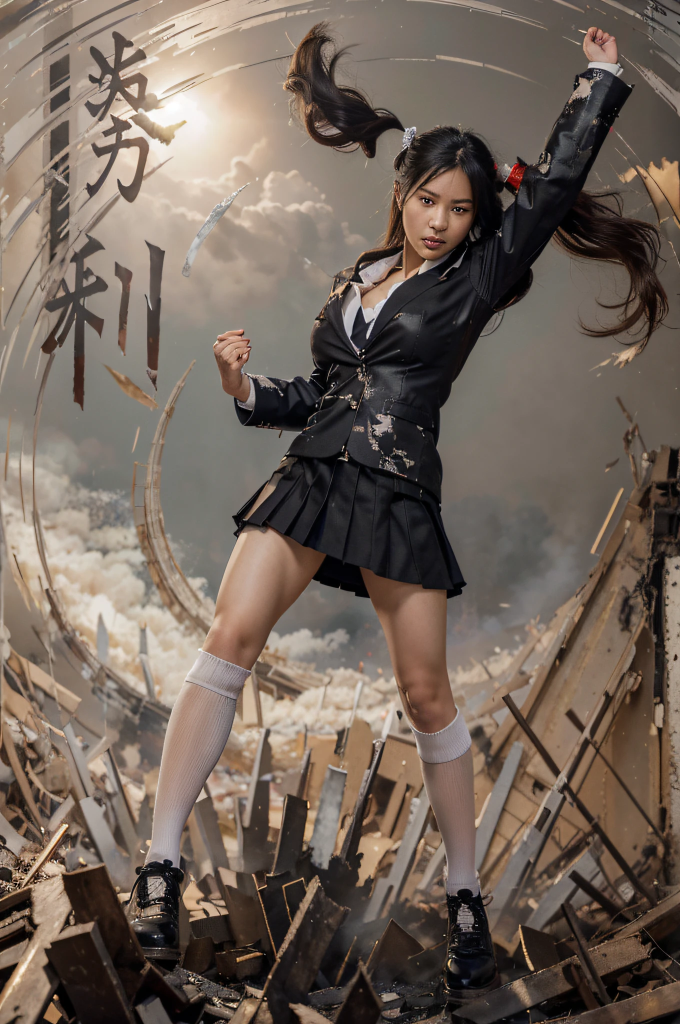 beautiful woman, Cara japonesa, Cabello largo y negro, ella lleva uniforme formal de colegiala japonesa, falda de estudiante japonesa, Calcetines largos blancos, zapatos negros, small breasts, she is levitating in an explosion surrounded by a force field, everything is being destroyed around you, in a completely destroyed modern Asian city, tanques destruidos, Edificios destruidos, caos, Fuego, Explosiones, humo, 4k, Imagen ultra detallada, realista, Altamente detallado, perfect composition, splendid, Intrincadamente detallado, Incredibly detailed, 8K fine art photography , hiper detallado, Obra maestra, Ultra detallado, hiperrealista, 4k, Imagen ultra detallada, realista, Altamente detallado, perfect composition, splendid, Intrincadamente detallado, Incredibly detailed, 8K fine art photography, hiper detallado, Obra maestra