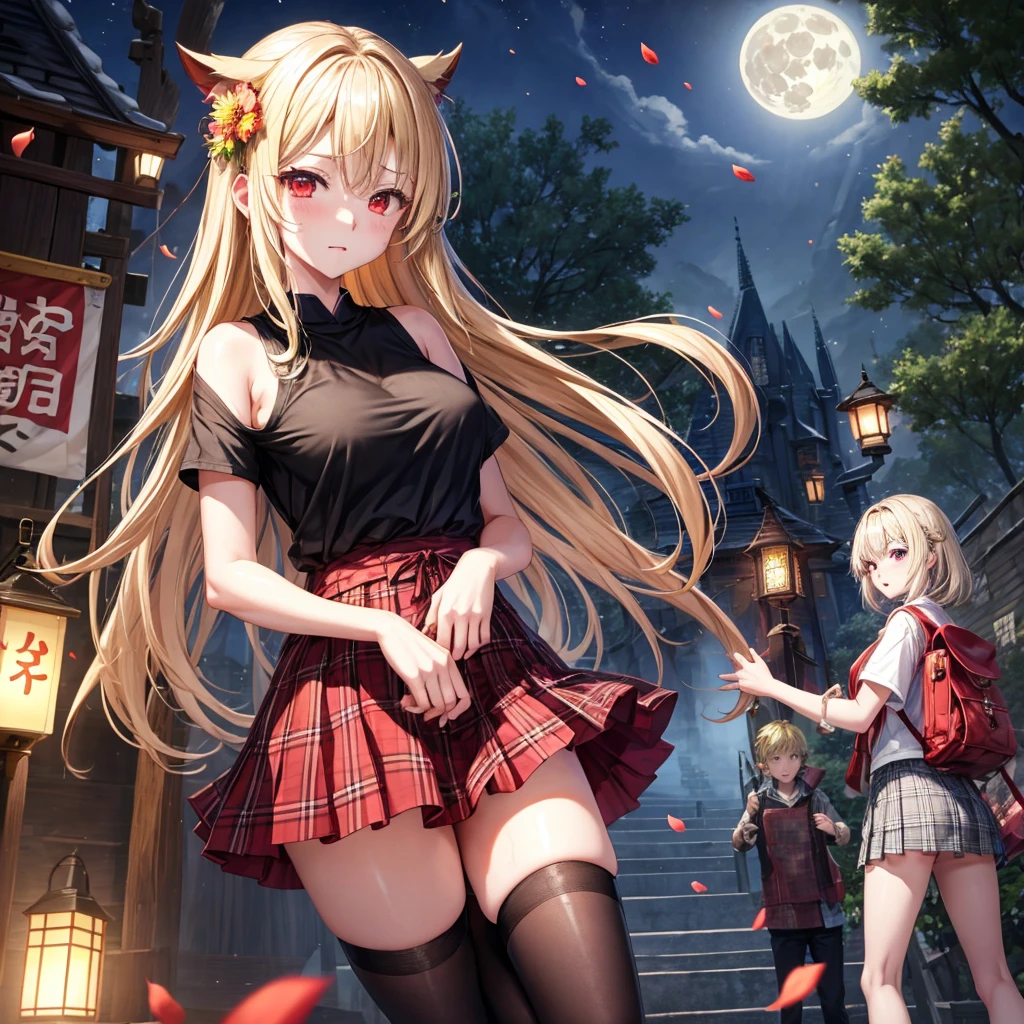 a blond、red eyes、one good looking girl、独奏、animesque、lightly dressed、Plaid miniskirt、flower petals、wetting hair、Black T-shirt、large tree、云、fullmoon、railroad crossing、monster castle、lantern