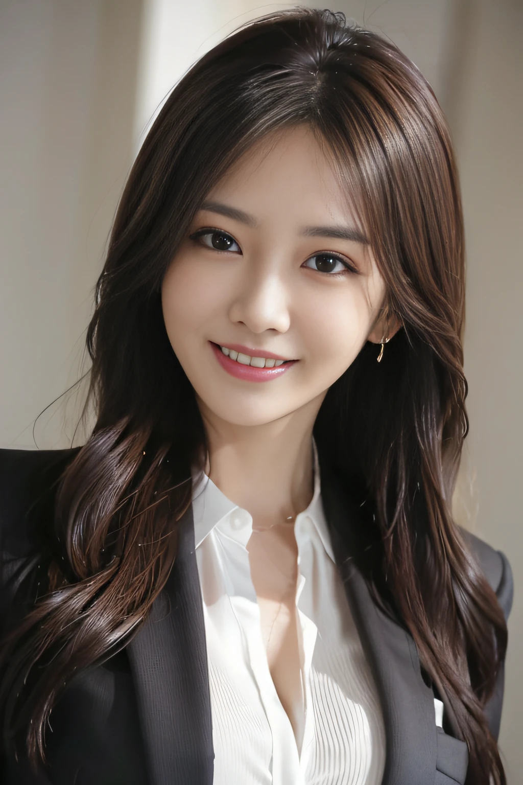 masutepiece, Best Quality, Photorealistic, Ultra-detailed, finely detail, High resolution, 8K Wallpaper, 1 beautiful woman,, light brown messy hair, in a business suit, foco nítido, Perfect dynamic composition, Beautiful detailed eyes, detailed hairs, Detailed realistic skin texture, Smiling, Close-up portrait, Model body type、Laughing、