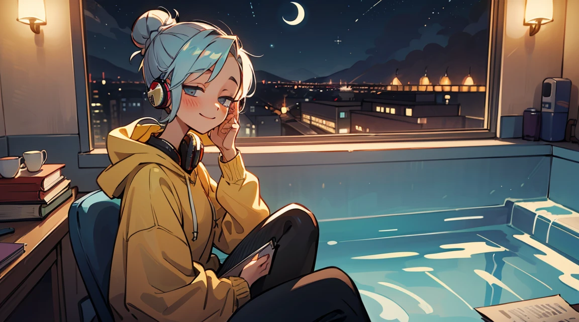 A beautiful girl is sitting in a peaceful room, wearing headphones and looking out the window at night with a book on her hands. The room is bathed in soft moonlight, and the only sound is the gentle hum of the city outside. The girl is wearing a comfortable oversized hoodie and leggings, and her hair is pulled back in a messy bun. She is smiling and relaxed, and the music she is listening to seems to be bringing her peace.