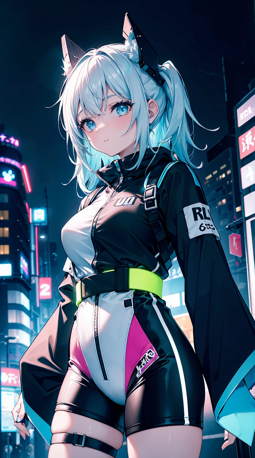 obra prima, 4K Ultra HD, foco nítido, realista, uma garota no estilo Gura Gawr de Hololive, but with the following characteristics: Athletic girl, Wearing a stylized black and white jumpsuit, in a Japanese city at night with lots of neon lights, Inspirado no estilo de arte GUWEIZ