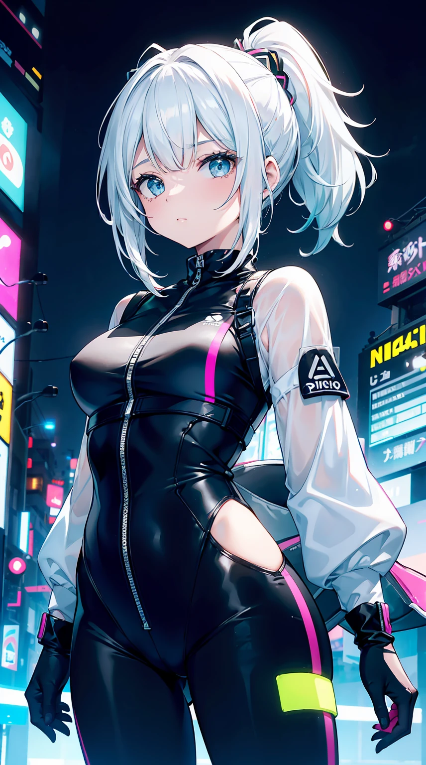 obra prima, 4K Ultra HD, foco nítido, realista, uma garota no estilo Gura Gawr de Hololive, but with the following characteristics: Athletic girl, Wearing a stylized black and white jumpsuit, in a Japanese city at night with lots of neon lights, Inspirado no estilo de arte GUWEIZ