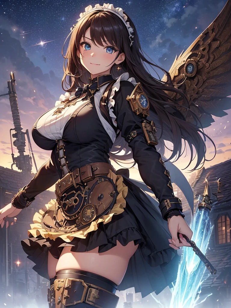 top-quality、Top image quality、masterpiece、Angle seen from the side、Beautiful Gothic girl((20yr old、Best Bust、big bast、Bust 90,long hair with beautiful blue eyebrows、A slender、a closeup、Hold a steampunk cannon、steampunk armor、Flying in the sky、glowing sword in hand、fly on big mechanical wings、cool jump、fight、Esbian、Gothic Maid costume、beautiful apron、hiquality、Beautiful Art、Background with((starrysky)))masutepiece、visualart、depth of fields、、、🎵、Happy smile、Gentle light、、Beautiful legs that are gentle on the skin、、Number of fingers to achieve precise finger movements、nffsw、nffsw、Lots of gears、、Artistically、、action scene、huge robot、Great angle、steampunk fantasy、Kime Pose!Lively atmosphere、Brown hair、Bob Hair、My clothes are torn and sexy