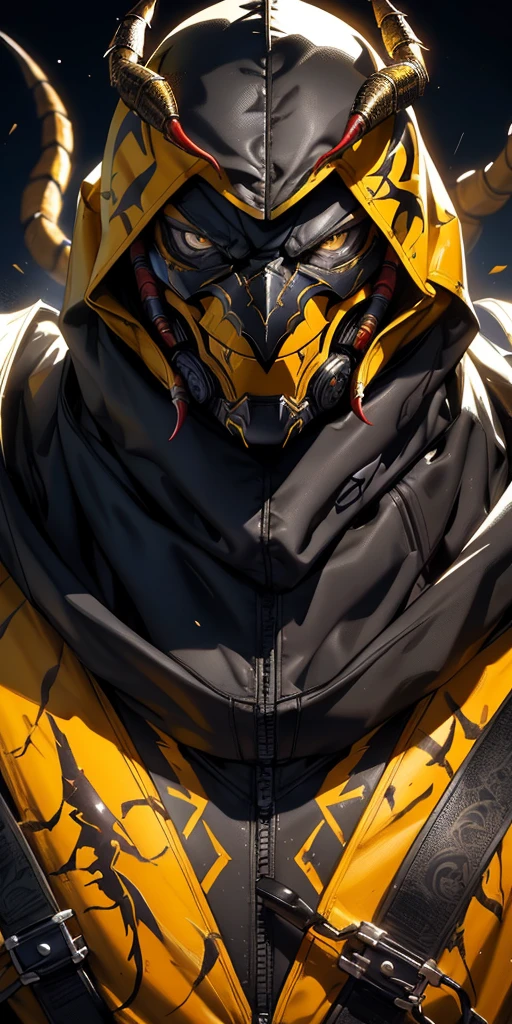 a portrait, scorpion from mortal kombat, detailed white eyes, black and yellow armor, hood, veins on his arm, intricate, high detail, sharp focus, dramatic and photorealistic painting art